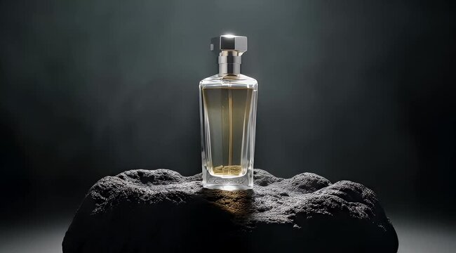 Luxurious golden perfume in a sleek bottle, captivatingly displayed on dark, rugged stone