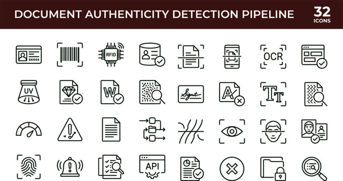 Document authenticity detection pipeline outline icon set identity verification OCR biometric security validation workflow vector symbols