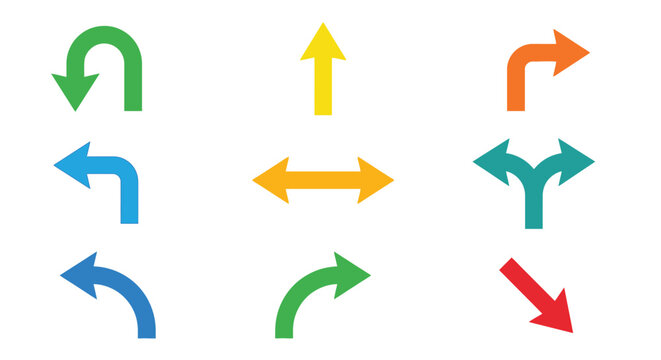 Colorful arrow set depicting various directions and turning paths