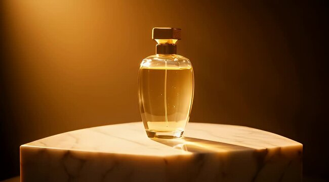 Luxurious golden perfume bottle illuminated by spotlight on marble surface
