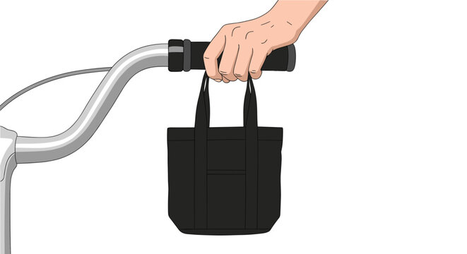 A detailed human hand firmly grips a black bicycle handlebar while carrying a small black canvas tote bag against a clean and minimalist background.