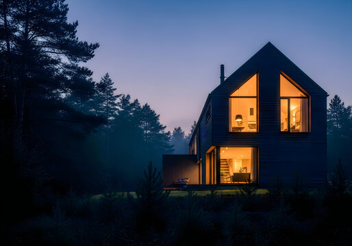 Modern house with lit windows in a forest at dusk or dawn  peaceful scene transparent background