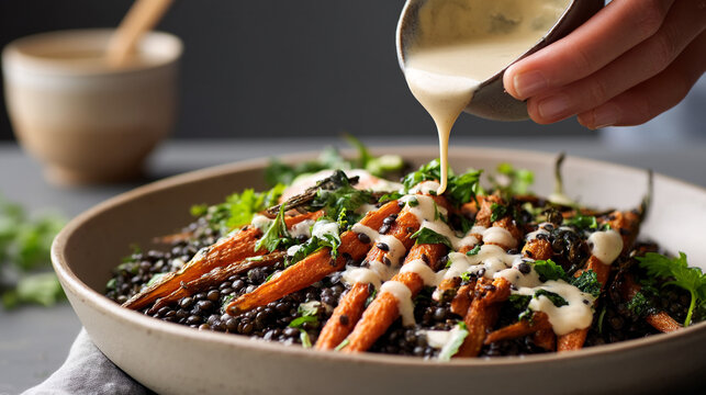 Creamy dressing drizzled on roasted carrot and black lentil dish with dressing, vegetable