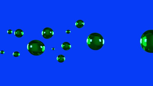 Bright green glossy spheres and glass-like bubbles floating smoothly across a vibrant blue background. Perfect for chromakey compositing, motion design projects, futuristic visual effects, digital bac