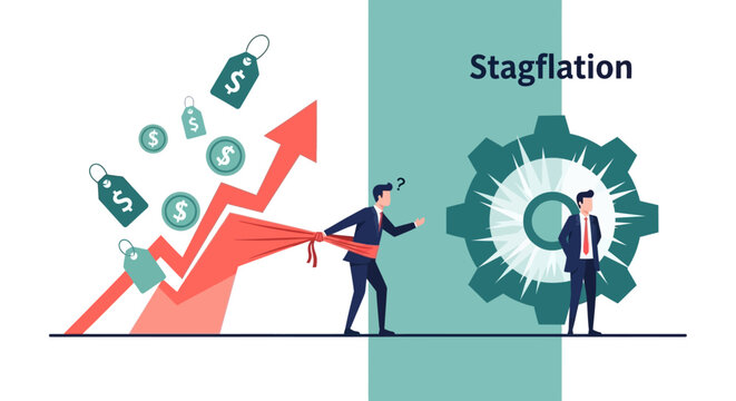 Stagflation Economic Concept Illustration showing Rising Inflation Prices and Stagnant Industry Growth with Businessmen