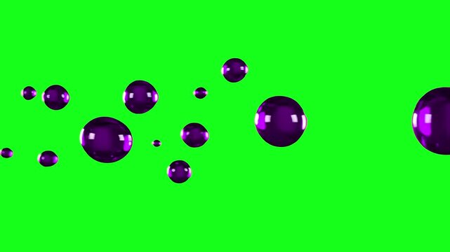 A 3D animation of glossy purple liquid spheres or drops floating and moving in a weightless environment. This chroma key asset is designed for easy background replacement in creative and commercial vi