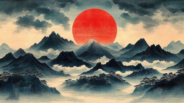 Misty layered mountain range with dark pine forests, low swirling clouds and a large red sun beneath a dramatic sky, evoking serene majesty and quiet awe