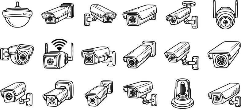 Hand-Drawn Black and White Line Art Security and Surveillance CCTV Cameras Vector Icon Set for Home Protection and Technology Monitoring.