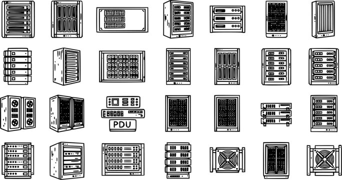Information Technology Server  Data Center Equipment Line Art Icons Set. Outline Glyph Collection of Network Devices, Rack Units, PDU, and Cooling Systems.