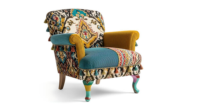 A vibrant armchair with colorful patchwork upholstery and wooden legs against a plain white background