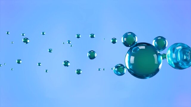 Elegant, clear teal-blue liquid spheres or glass marbles float weightlessly across a clean, light blue studio backdrop. This soft, minimalist aesthetic layout is highly suited for luxury skincare prod