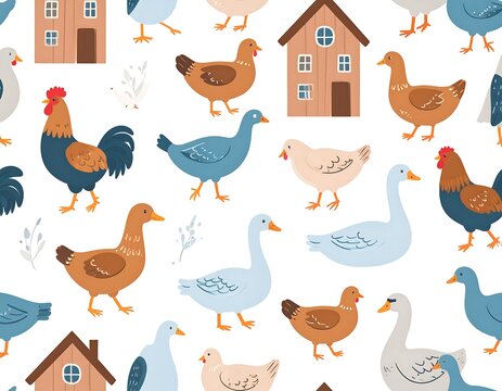 Whimsical illustration features chickens, roosters, ducks, geese, and charming wooden houses on a white backdrop, farm-themed