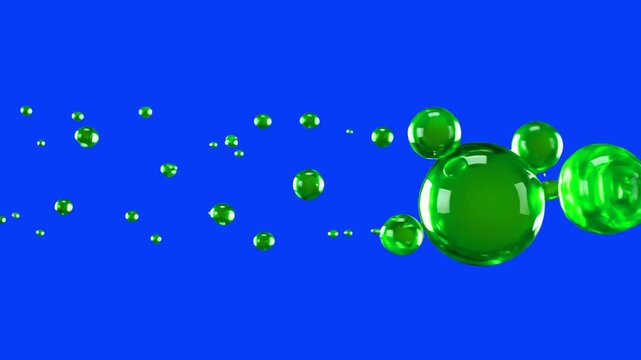 A cluster of glossy, transparent green glass or liquid bubbles drifts smoothly across a solid blue chroma key backdrop. This pristine 3D animation asset is tailored for beverage commercials, fresh cos