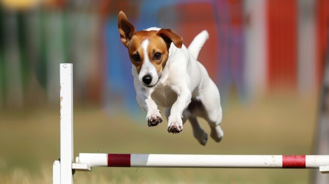 A small, energetic Jack Russell Terrier jumps over a hurdle in an agility course. The background features colorful training equipment and a grassy field.