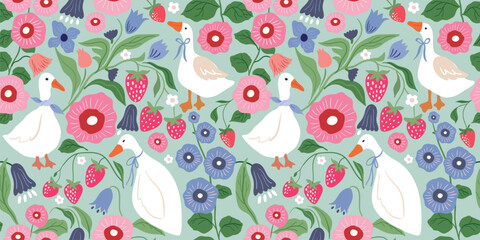 Seamless cottagecore pattern with cute white geese, spring flowers and strawberries on pastel background.Trendy wallpaper in retro style ideal for spring/ summer themed products, stationery, and  back © lilett