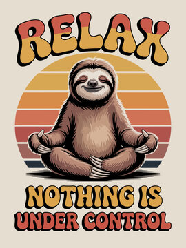 A smiling sloth sits serenely in a meditative pose against a vintage sunset background.