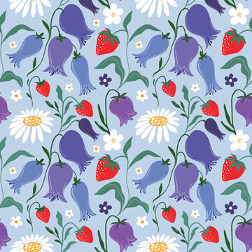 Vintage botanical seamless pattern design with strawberries, bluebells and daisies in retro style.Elegant floral composition for spring and summer wallpaper, background.