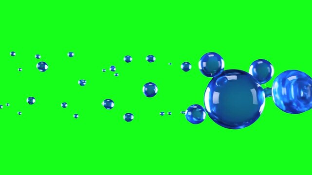 A 3D animation of vibrant blue liquid spheres or drops floating weightlessly in groups against a green background. This chroma key asset is designed for easy background replacement in creative and com