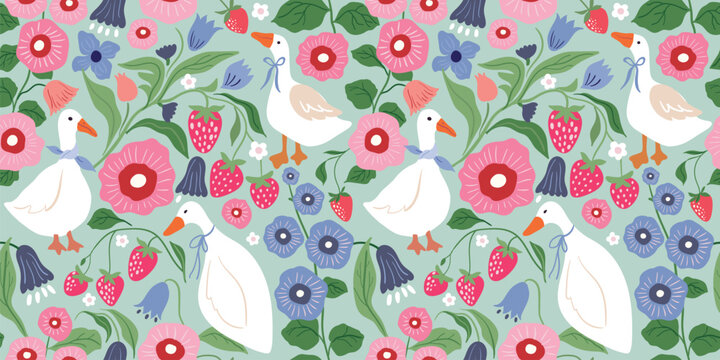 Seamless cottagecore pattern with cute white geese, spring flowers and strawberries on pastel background.Trendy wallpaper in retro style ideal for spring/ summer themed products, stationery, and  back