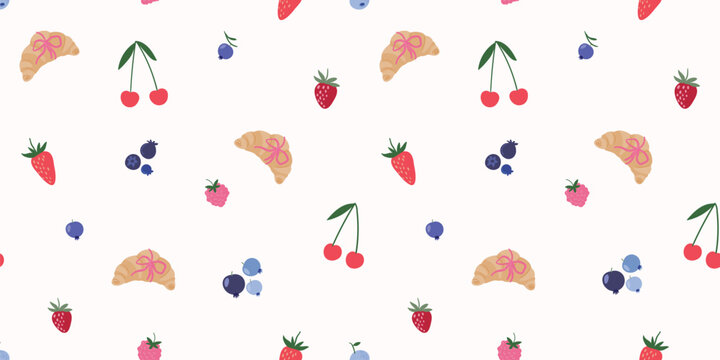 Coquette seamless pattern with breakfast croissants and fruits, spring summer wallpaper, seasonal background