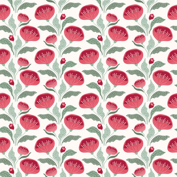 Seamless floral pattern with vibrant red flowers in bloom and green leaves on a white background. Botanical background for wallpaper, fabric, textile, and wrapping paper.