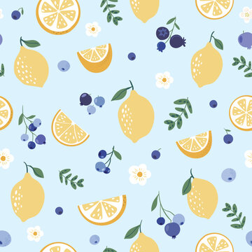 Lemon and blueberry seamless pattern, summer background with fresh fruits and flowers seasonal wallpaper