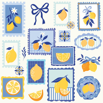 Summer seamless lemon pattern in Italian Dolce Vita style with Mediterranean blue tiles.Vintage aesthetic background, perfect for wallpaper, home decor, and luxury textile design.