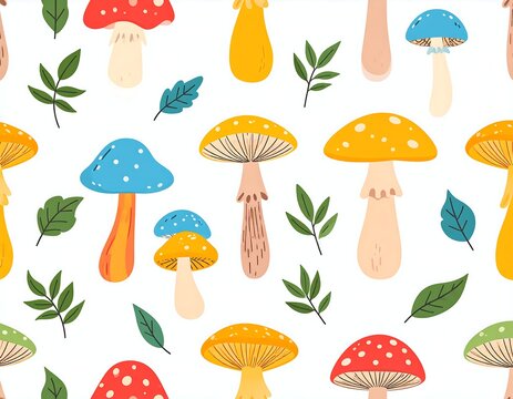 Whimsical illustration features diverse, colorful fungi and green foliage in a seamless, repeating pattern against a white backdrop