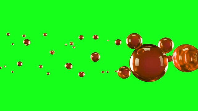 A collection of dynamic, translucent amber-colored liquid droplets floating through the air against a green screen background. These fluid motion elements are ideal for motion graphics, abstract bever