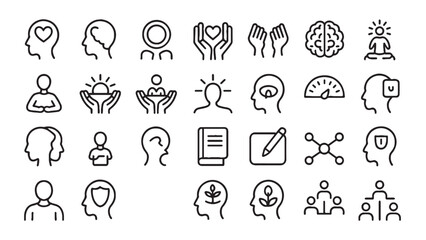 Fototapeta premium Mental Health Awareness and Emotional Support Outline Icon Set for Psychology App, Therapy Platform and Mindfulness Interface Design