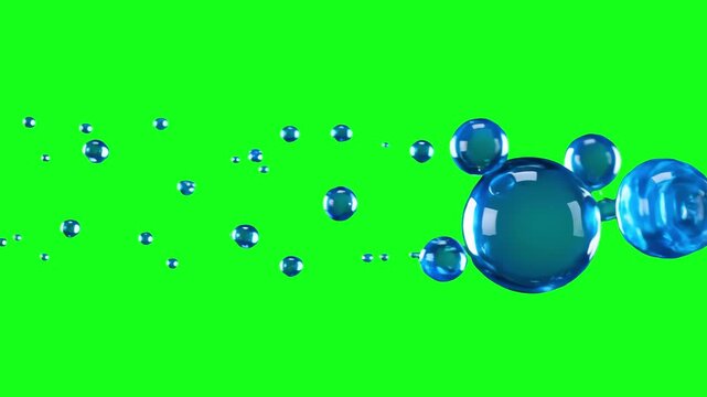 A 3D animation of vibrant blue liquid spheres or drops floating weightlessly in groups against a green background. This chroma key asset is designed for easy background replacement in creative and com