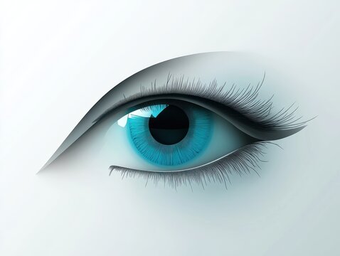 close-up single blue eye with detailed iris and long eyelashes on a minimalist pale background, calm watchful gaze