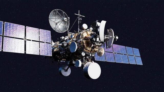 A realistic 3D render of a technical satellite with solar panels and dishes floating in a dark space void. Ideal for cinematic space scenes, global positioning system (GPS) visuals, and scientific res