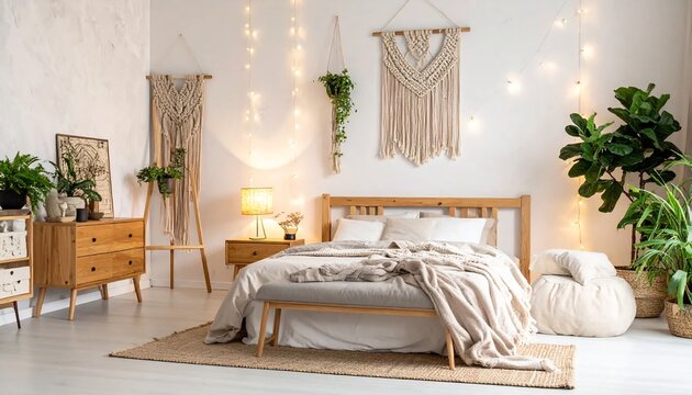 Cozy bohemian bedroom with macrame decor and plants