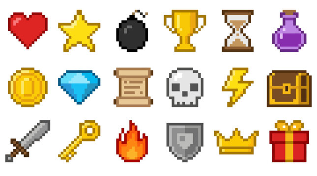 Collection of various pixelated gaming icons and symbols.