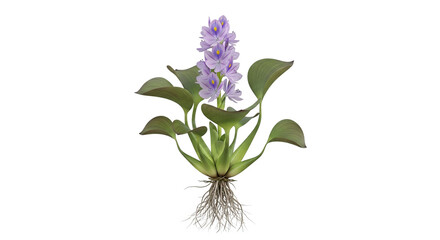 Obraz premium A single water hyacinth plant with purple flowers and visible roots is isolated on a.