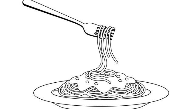 Spaghetti vector illustration with fork on plate in minimalist style