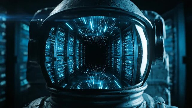 Astronaut helmet reflecting futuristic blue digital tunnel.