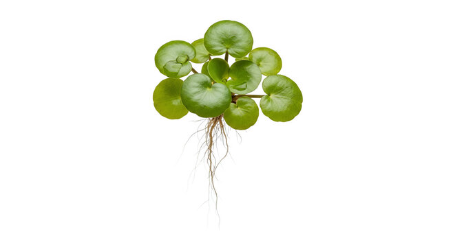 Small aquatic plant with round green leaves and visible roots.