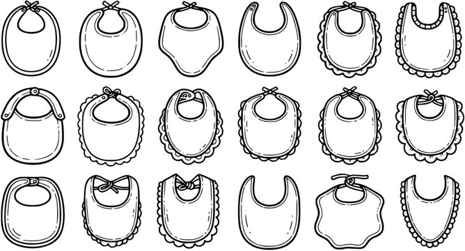 Black and White Line Art of Various Baby Bibs for Newborns and Toddlers