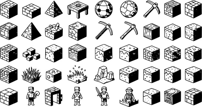 Isometric Pixel Art Blocks, Characters, and Tools - Gaming, Construction, Crafting Icon Set