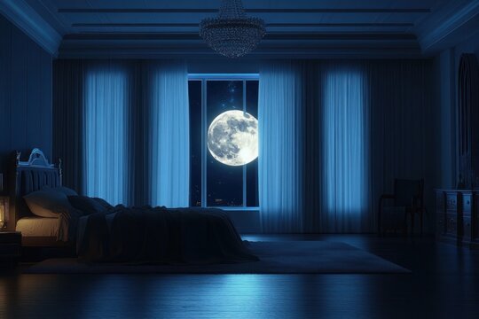 Moonlit bedroom with full moon framed by tall curtains, soft blue glow from window, chandelier above and cozy bed creating a calm, dreamy nighttime atmosphere