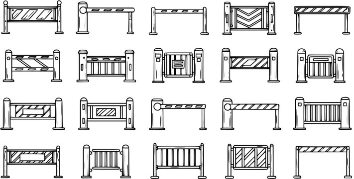 Black and White Line Art Collection of Various Road Barriers and Gates