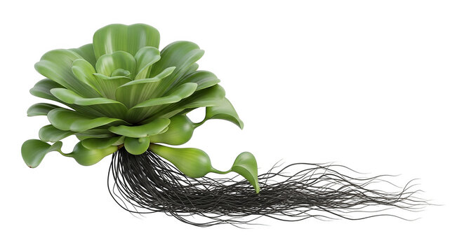 A floating water lettuce plant with green leaves and long dark roots.