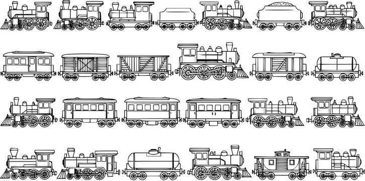 Transportation Industry Black and White Line Art Collection of Vintage Trains, Locomotives, and Railroad Cars