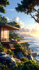 Obraz premium A serene modern house on a cliffside overlooking the ocean at sunset