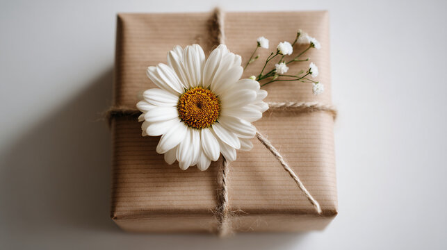 Small gift box wrapped in brown craft paper decorated with white daisy and twine string