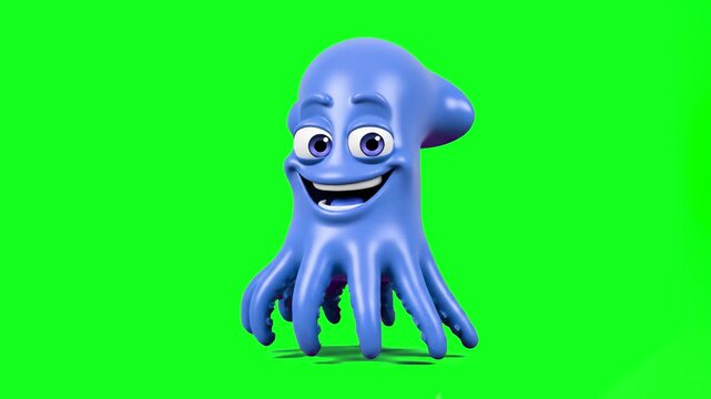A 3D animated blue octopus or squid character with a wide smile and expressive eyes, isolated on a green background. Ideal for ocean-themed educational videos, children's entertainment, or seafood res