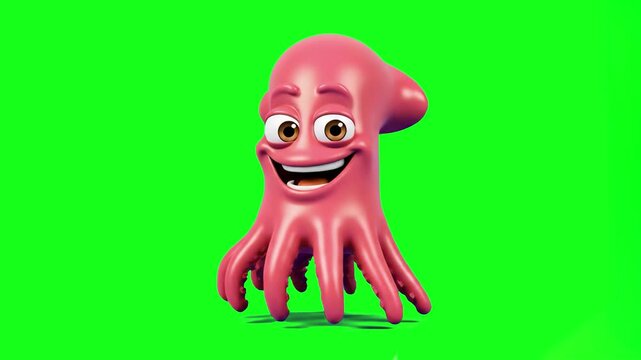 A humorous 3D animated pink squid with a wide, friendly smile and expressive eyes. This vibrant marine character on a green screen is ideal for kids' storytelling, games, and creative video projects.