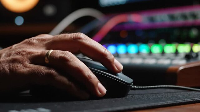 Close up view of hand clicking mouse on mousepad with audio equipment in the background